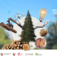 Forest blur background. In the center a conifer tree and coming out of the tree a crane holding a tree log, a pile of tree logs, a tote bag, a circle with a picture of an interior of a wood building, another circle with a picture of a honeycomb paper, a hand holding a floating light bulb