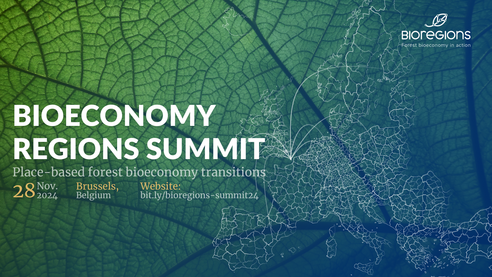 Bioeconomy Regions Summit title. Background closeup of a green leaf. Image the outline of the map of Europe