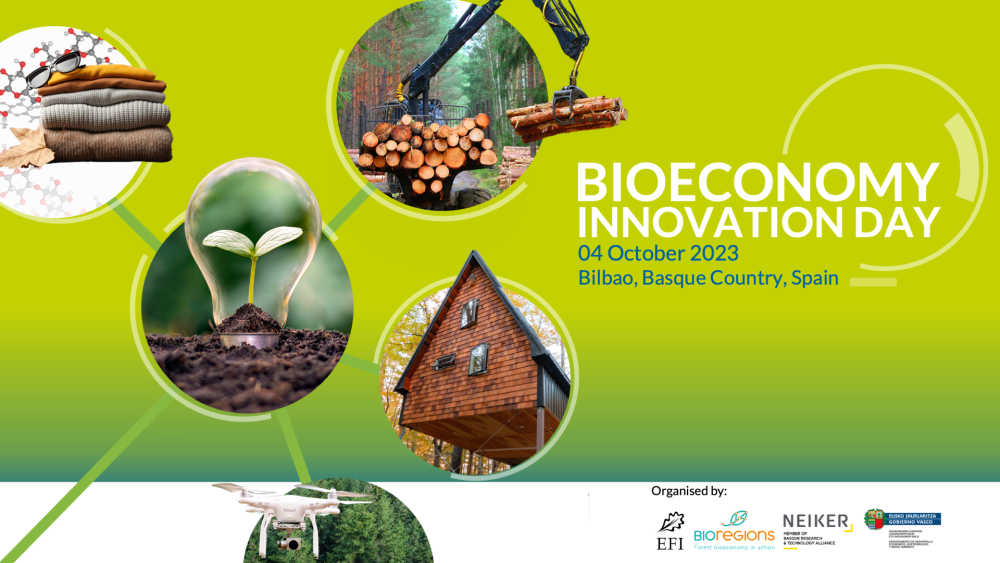 Bioeconomy Innovation Day 2023 in Bilbao, Basque Country, Spain. Illustration with harvesting machine, wooden house, seedling, chemistry and textile, drone