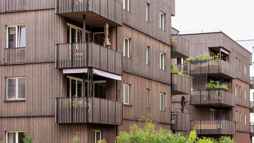 Residential Buildings with Wooden Facade, Timber Construction of High rise Modern Apartment Buildin