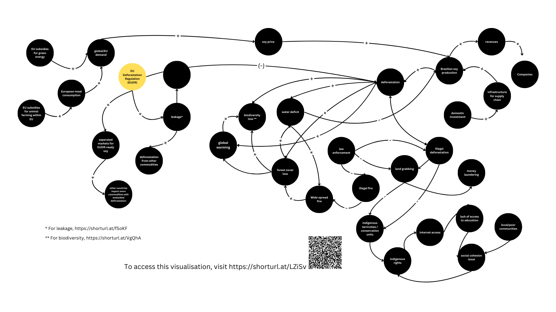 Possible cause-and-effect pathways linked to global trade of Brazilian soy to the EU. This infographic was co-created with journalists during the ‘Climate, Land Use, and Biodiversity from a Systems Thinking Perspective’  session.