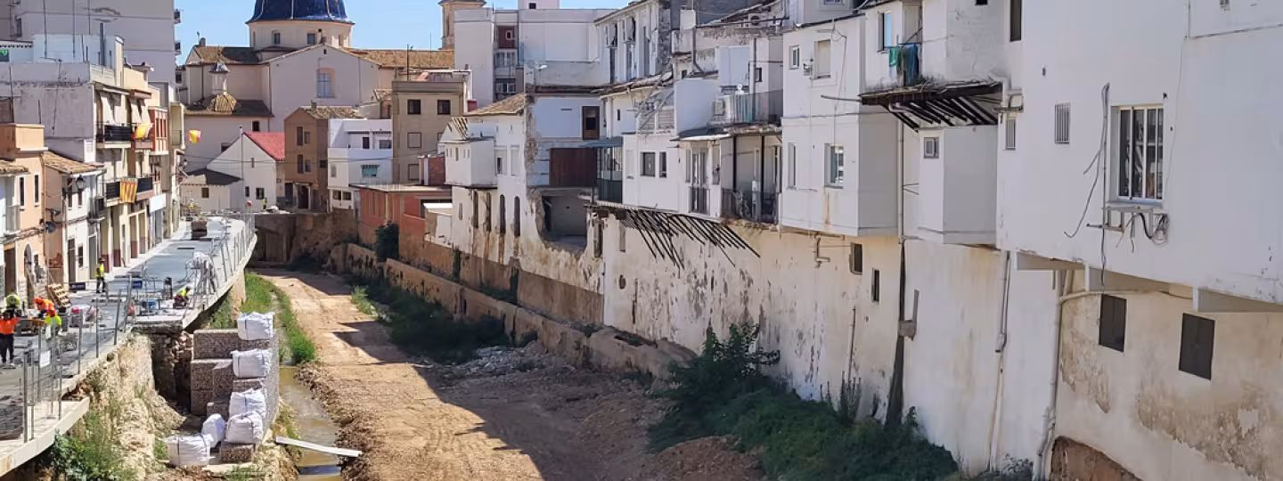 Reconstruction works in la Rambla del Poyo in Chiva, Valencia, one year after torrential rains from the 2024 DANA caused severe flooding and widespread damage.