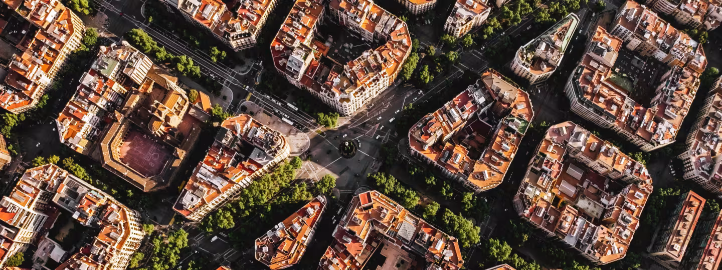 Aerial view of typical buildings of Barcelona cityscape from helicopter. top view, Example residencial famous urban grid