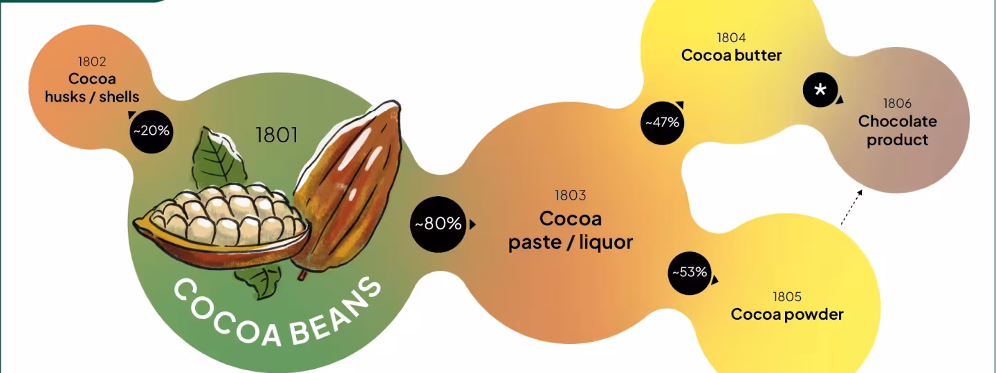 An infographic showing the processing breakdown of cocoa beans into various products, using color-coded nodes to represent processing levels.
