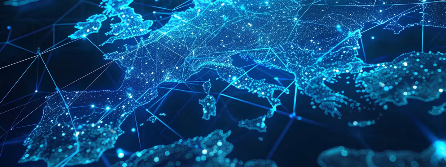 A digital, glowing blue 3D network map of Europe, representing data connectivity and regional collaboration across borders.