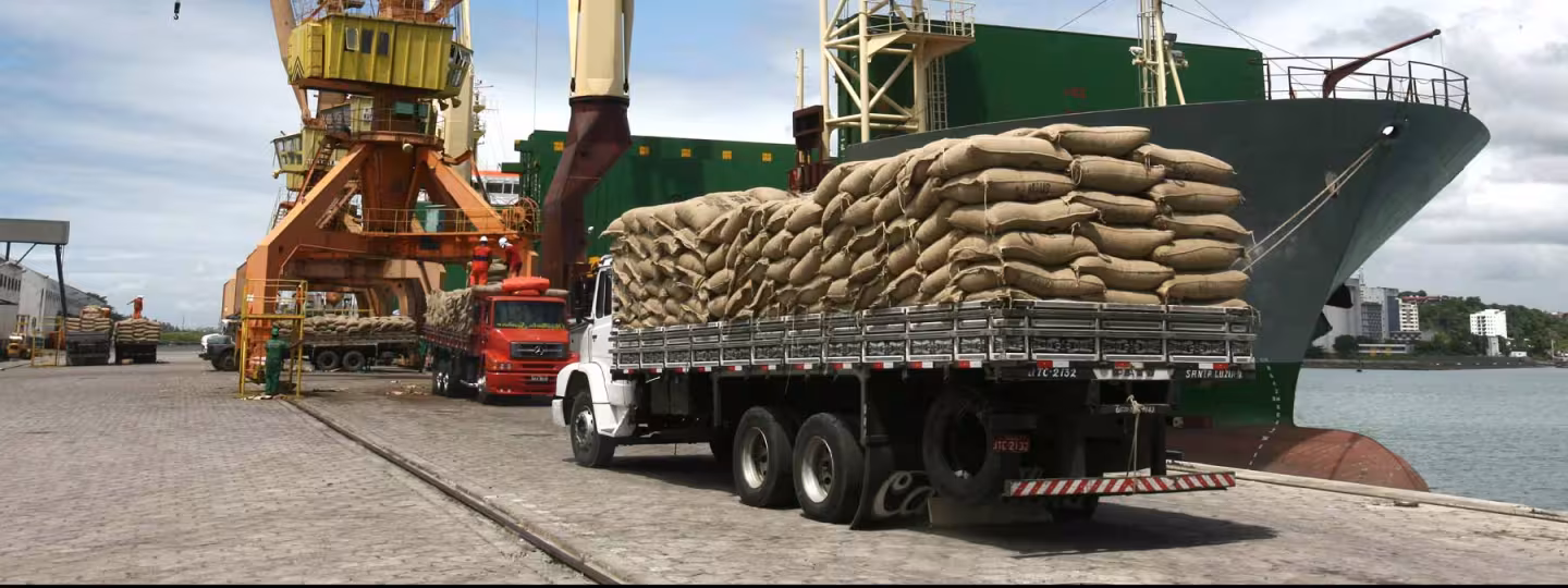 Truck loaded with burlap commodity sacks parked beside a cargo ship and harbor cranes at a port.