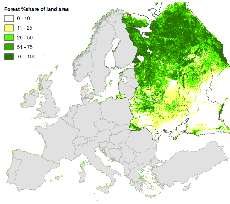 Figure 2: NOAA-AVHRR-based forest cover data for Eastern Europe at 1km resolution (Schuck et al. 2002, Päivinen et al. 2001). 
