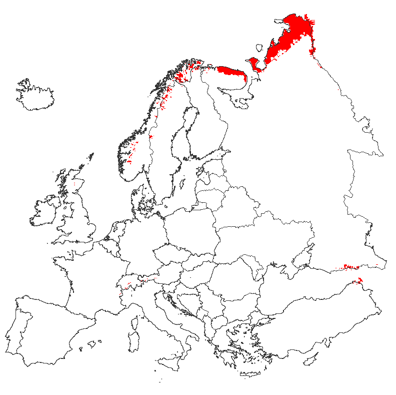 Figure 4: Timberline mask used to exclude areas above the timberline (red) from the map (Schuck et al. 2002). 