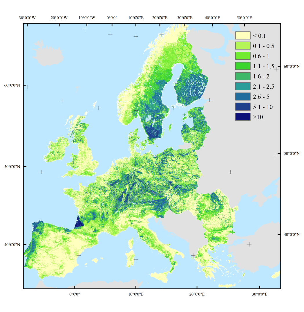 Map showing predicted wood production (in cubic meters per ha of land per year) in Europe averaged over the period 2000-2010. 