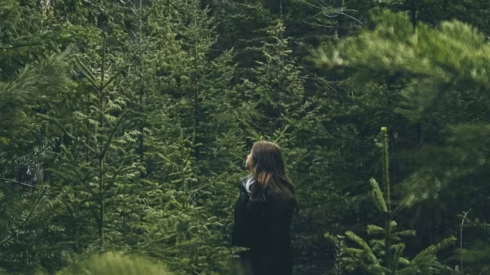 girl looking upwards in the forest