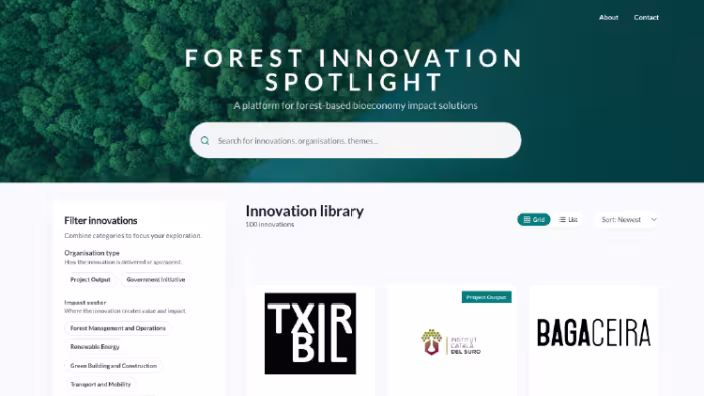 Website interface for Forest Innovation Spotlight featuring a search bar, innovation library, and logos of various projects.