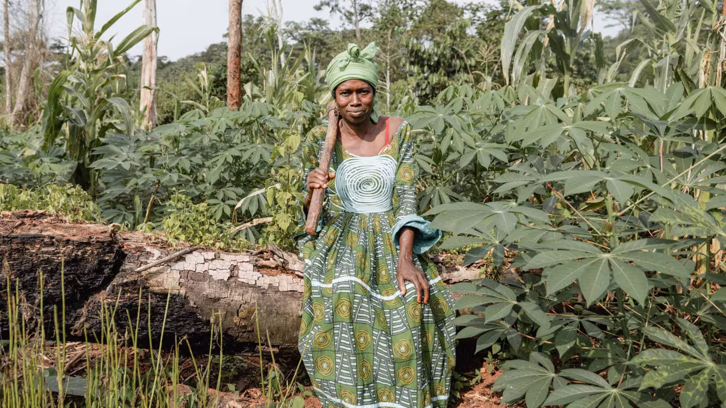 A woman in traditional green attire holding a wooden tool, sitting on a fallen log within an agroforestry plot in Cameroon.