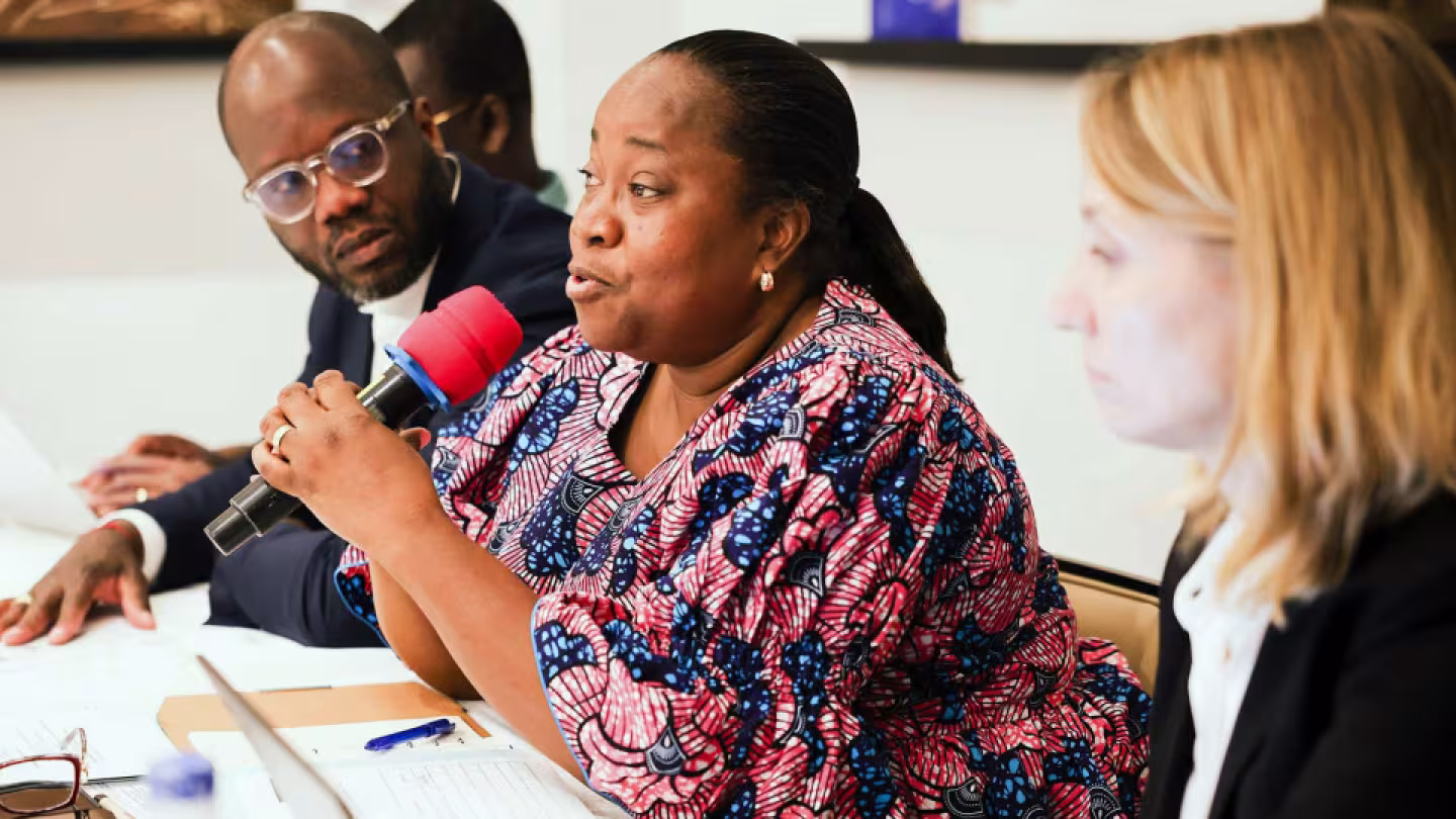 An African woman in a patterned pink and blue dress speaks into a microphone during a project meeting, while colleagues listen attentively at a conference table.