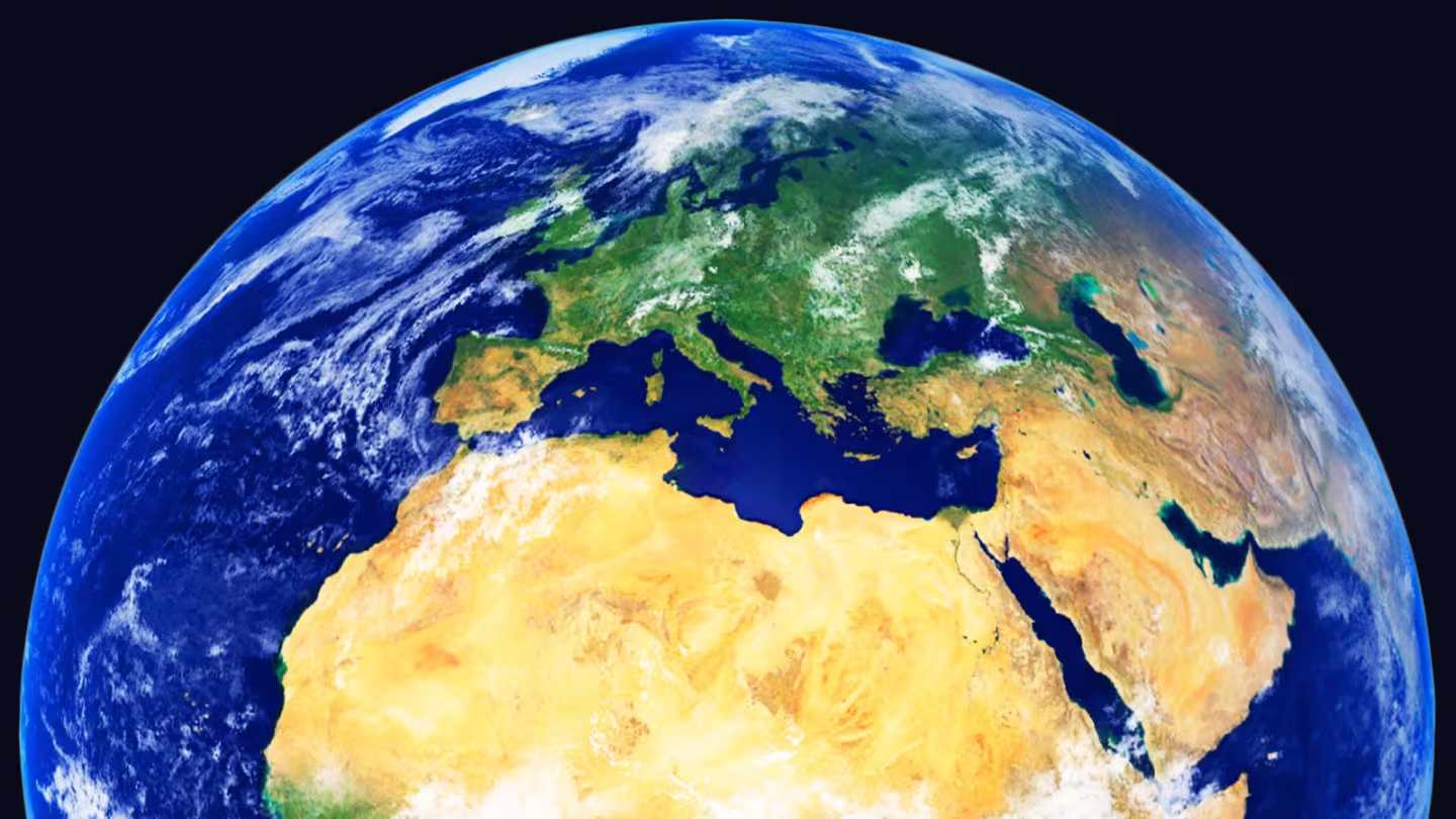 A satellite view of the Earth from space, focusing in on Europe.