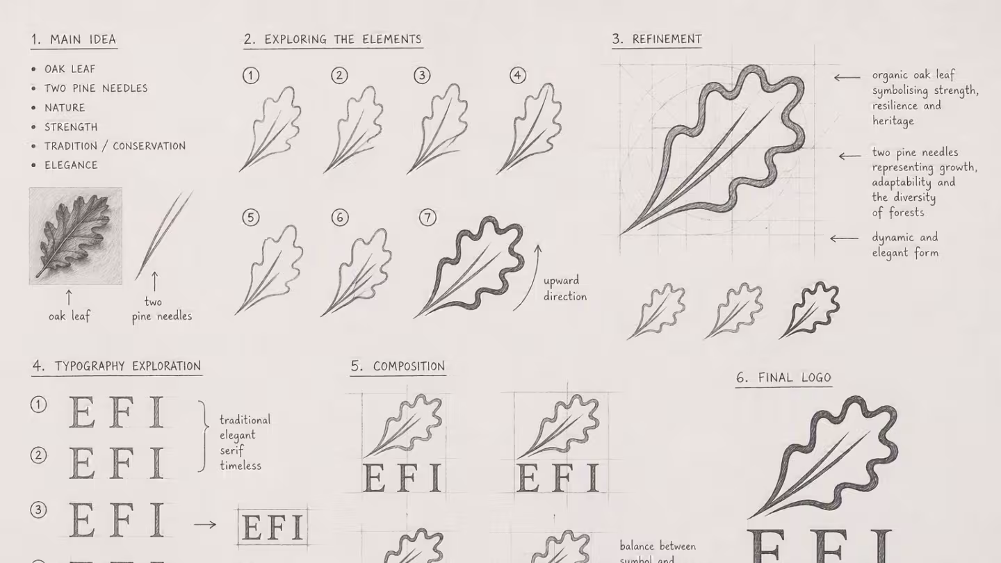 EFI logo design sketches showing the development of the oak leaf and pine needle symbol.