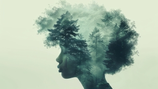 Double exposure woman s silhouette with serene forest landscape in artistic overlay