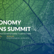 Bioeconomy Regions Summit title. Background closeup of a green leaf. Image the outline of the map of Europe