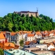 Old town and the medieval Ljubljana castle on top of a forest hill in Ljubljana, Slovenia