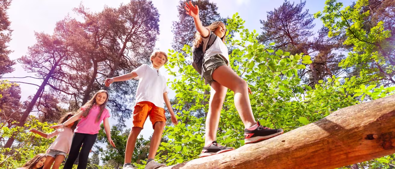 children walking on a log in forest