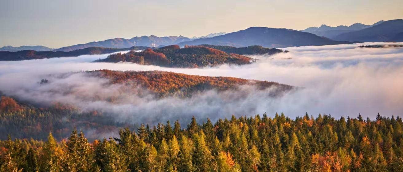 Aerial view of a mountain landscape featuring thick valley fog between autumn forests.
