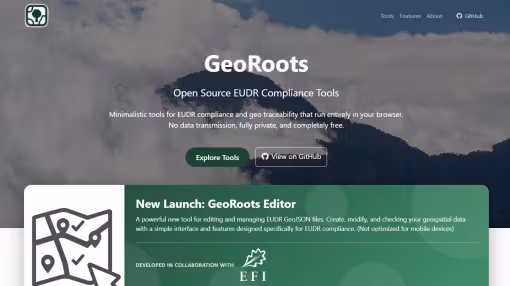 GeoRoots is a browser-based tool for creating, checking, and editing geolocation information for EUDR compliance.