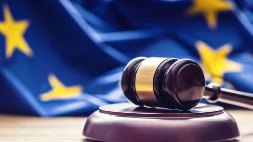 wooden gavel with EU flag in the background