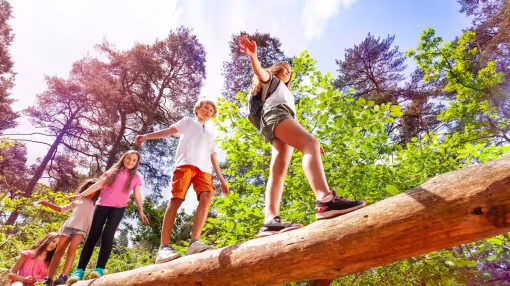 children walking on a log in forest