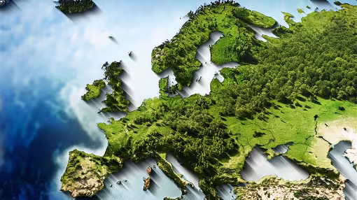 3D illustration of Europe as a lush, green forest landscape surrounded by water.
