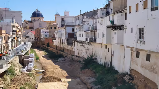 Reconstruction works in la Rambla del Poyo in Chiva, Valencia, one year after torrential rains from the 2024 DANA caused severe flooding and widespread damage.