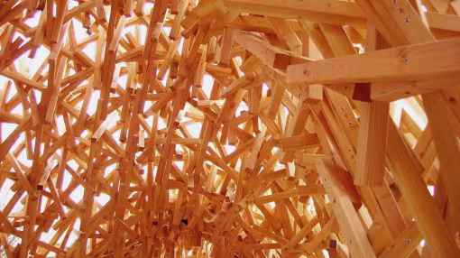 Intricate, overlapping light-colored wooden beams forming a dense, woven architectural ceiling structure.