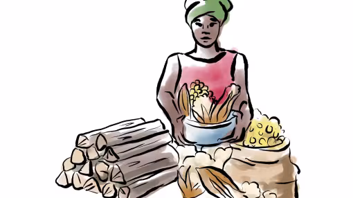 An illustration of an African woman farmer holding a bowl of harvested crops, surrounded by a stack of firewood and sacks of grain.