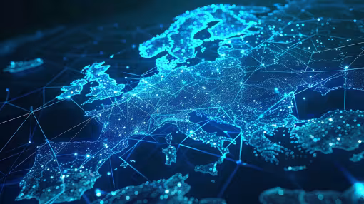 A digital, glowing blue 3D network map of Europe, representing data connectivity and regional collaboration across borders.
