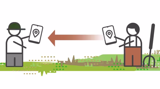 Illustration of two field workers holding mobile devices with location pins, with a large arrow pointing from one to the other, symbolizing digital mapping data transfer or land geolocation sharing.