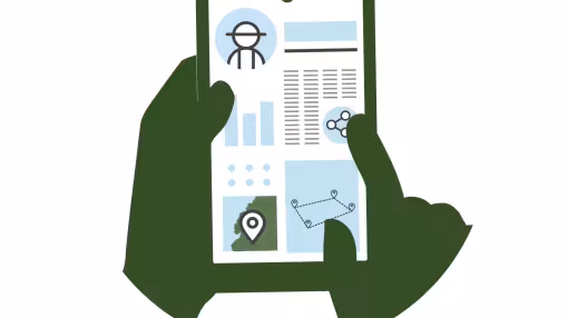 Flat design illustration of a digital tablet showing land mapping data, geolocation tools, and metrics.