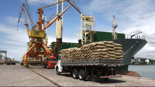 Truck loaded with burlap commodity sacks parked beside a cargo ship and harbor cranes at a port.