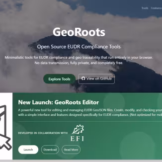 GeoRoots is a browser-based tool for creating, checking, and editing geolocation information for EUDR compliance.
