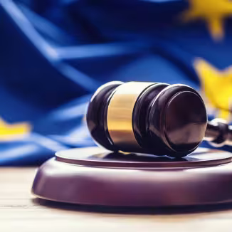 wooden gavel with EU flag in the background
