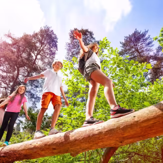 children walking on a log in forest