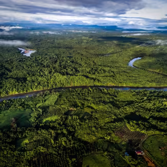 Aerial view of a winding river flowing through a dense tropical rainforest under a cloudy sky.