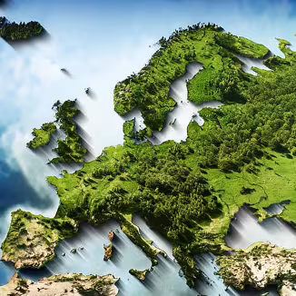3D illustration of Europe as a lush, green forest landscape surrounded by water.