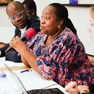 An African woman in a patterned pink and blue dress speaks into a microphone during a project meeting, while colleagues listen attentively at a conference table.