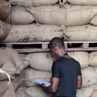 A man in a black shirt stands in a warehouse, reviewing paperwork in front of a large stack of burlap sacks filled with cocoa beans on wooden pallets.