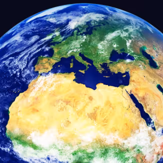 A satellite view of the Earth from space, focusing in on Europe.