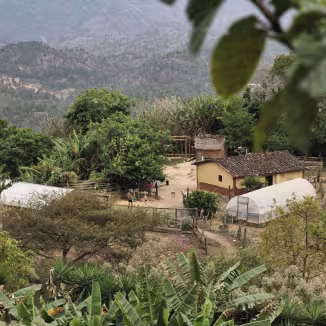 A high-angle view of a rural homestead in Honduras featuring a small house, a greenhouse, and lush tropical vegetation, set against a backdrop of rolling, forested mountains.
