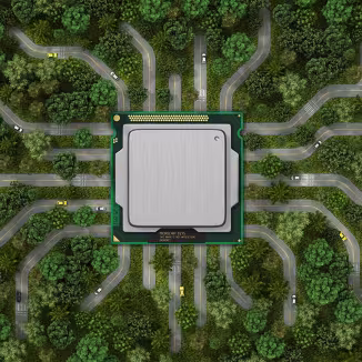 Conceptual image merging technology and nature, featuring a microchip at the heart of a forest ecosystem with road networks acting as digital pathways.