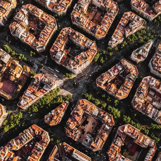 Aerial view of typical buildings of Barcelona cityscape from helicopter. top view, Example residencial famous urban grid