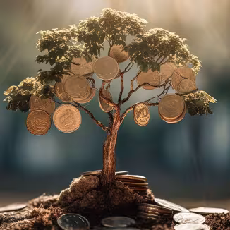 A conceptual money tree with coins hanging from its branches, symbolising the economic value of forestry and nature.