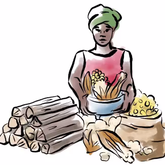 An illustration of an African woman farmer holding a bowl of harvested crops, surrounded by a stack of firewood and sacks of grain.