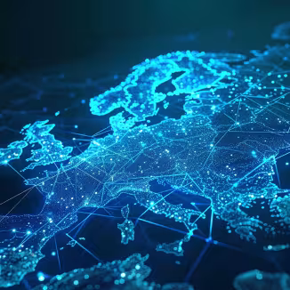 A digital, glowing blue 3D network map of Europe, representing data connectivity and regional collaboration across borders.