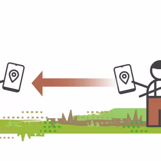 Illustration of two field workers holding mobile devices with location pins, with a large arrow pointing from one to the other, symbolizing digital mapping data transfer or land geolocation sharing.